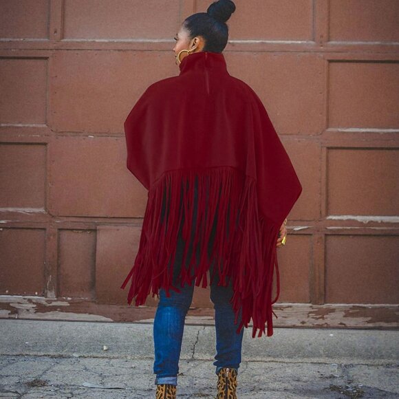 Wine Plus Size Fringe Poncho Coat | High Neck Batwing Cape - Picture 3 of 3